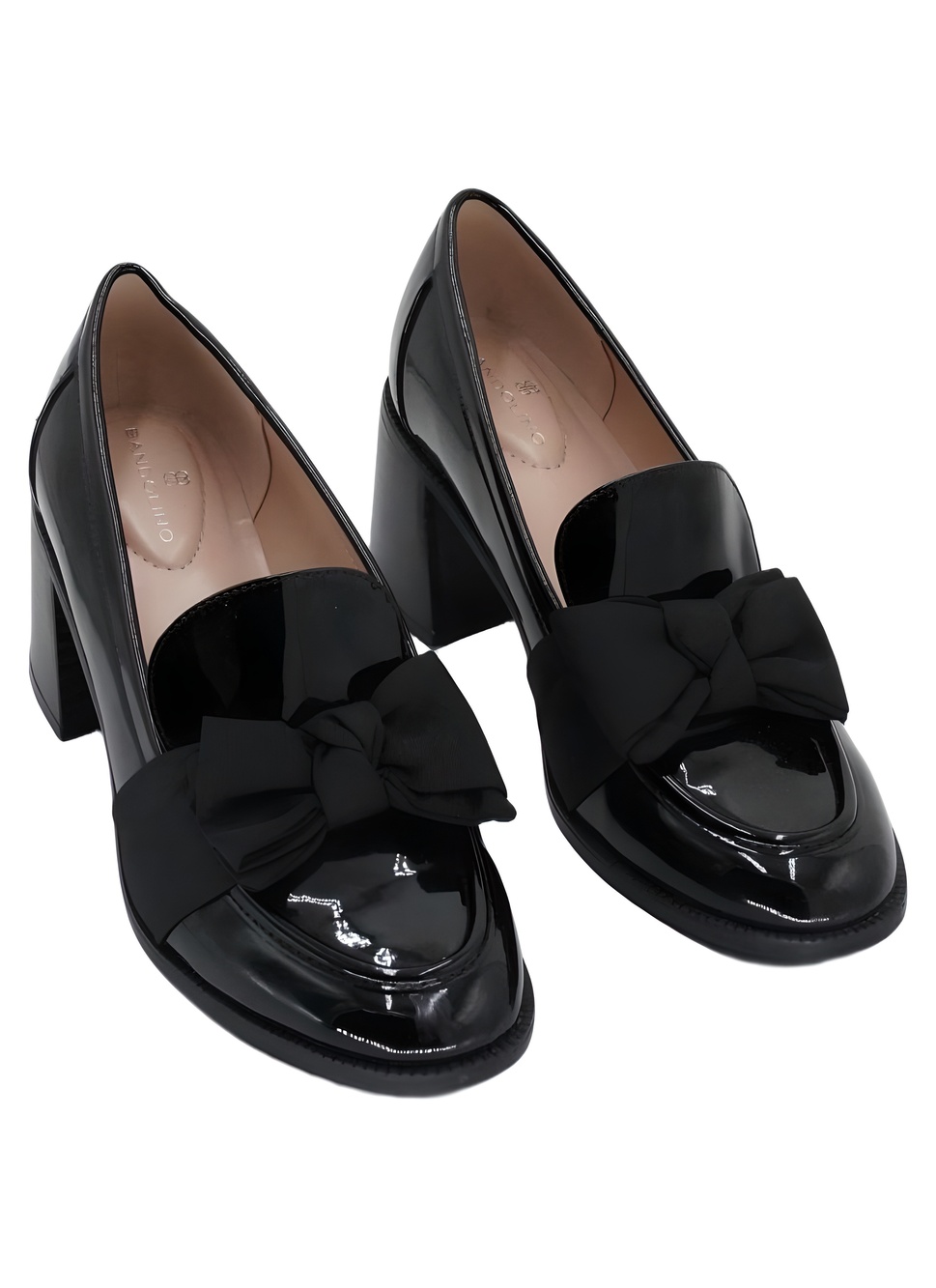 Bandolino Korrar Black Patent Bow Loafer Pumps 2.5" Block Heel Size 8.5M